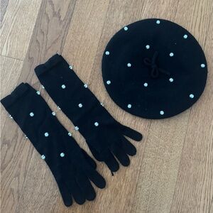 Kate Spade New York black wool beret with pearl accent and knit gloves set.